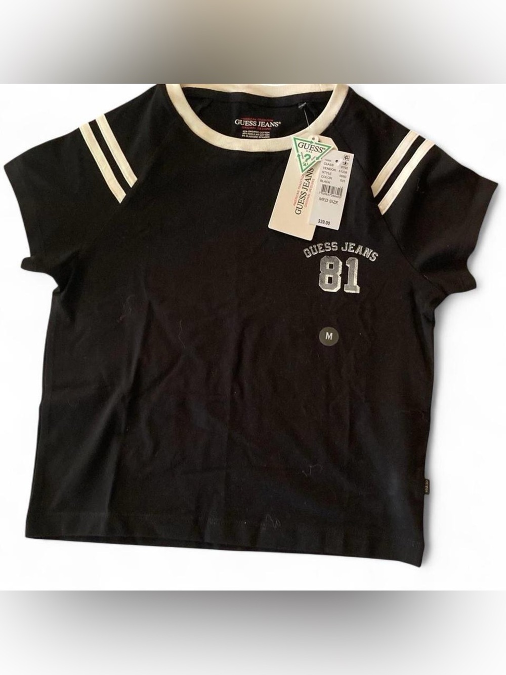 NWT Guess Jeans 81 Raglan Black & White Crop Top T-Shirt Size M/Stripes & Logo